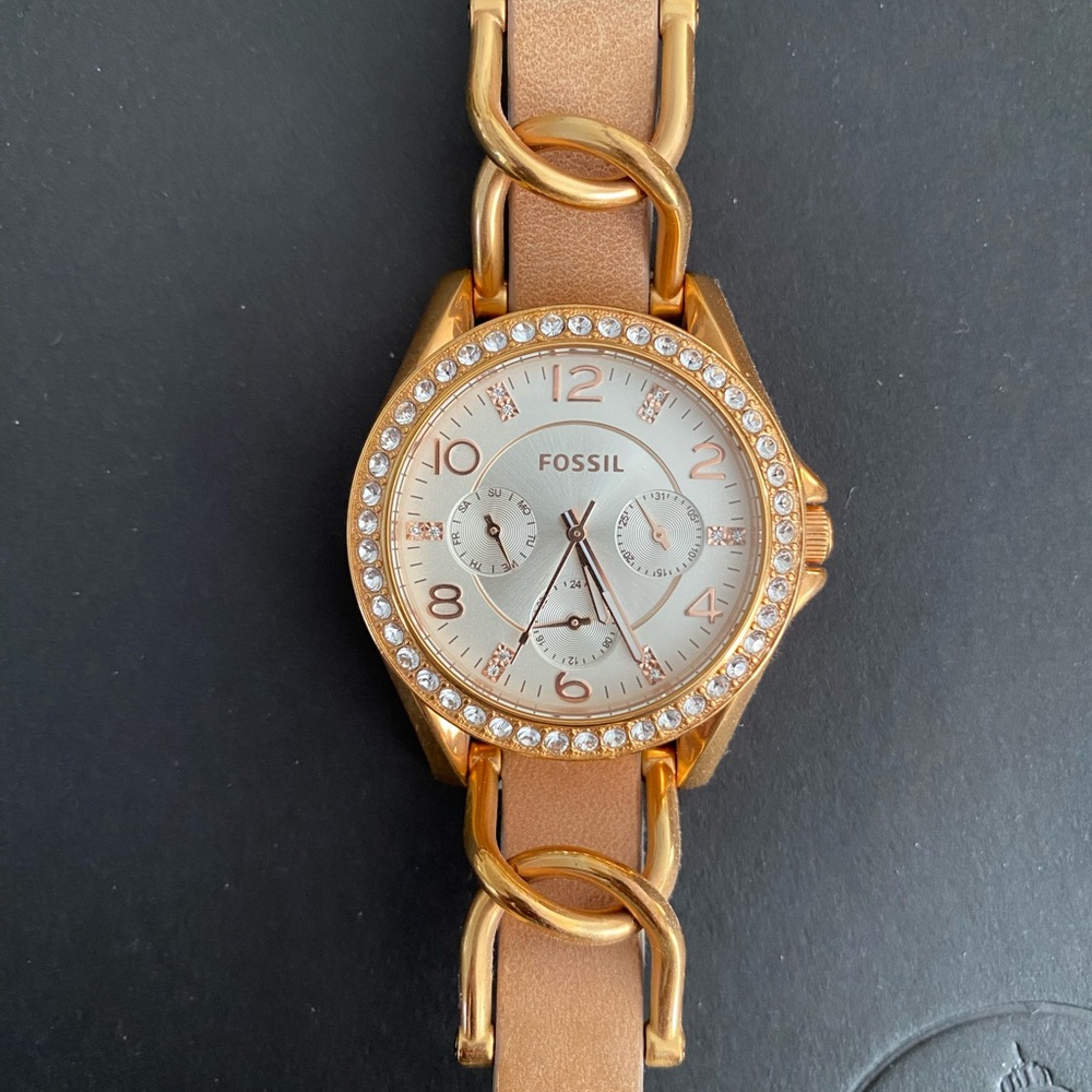 Fossil Gold and Tan Women's Watch with Crystal Accents